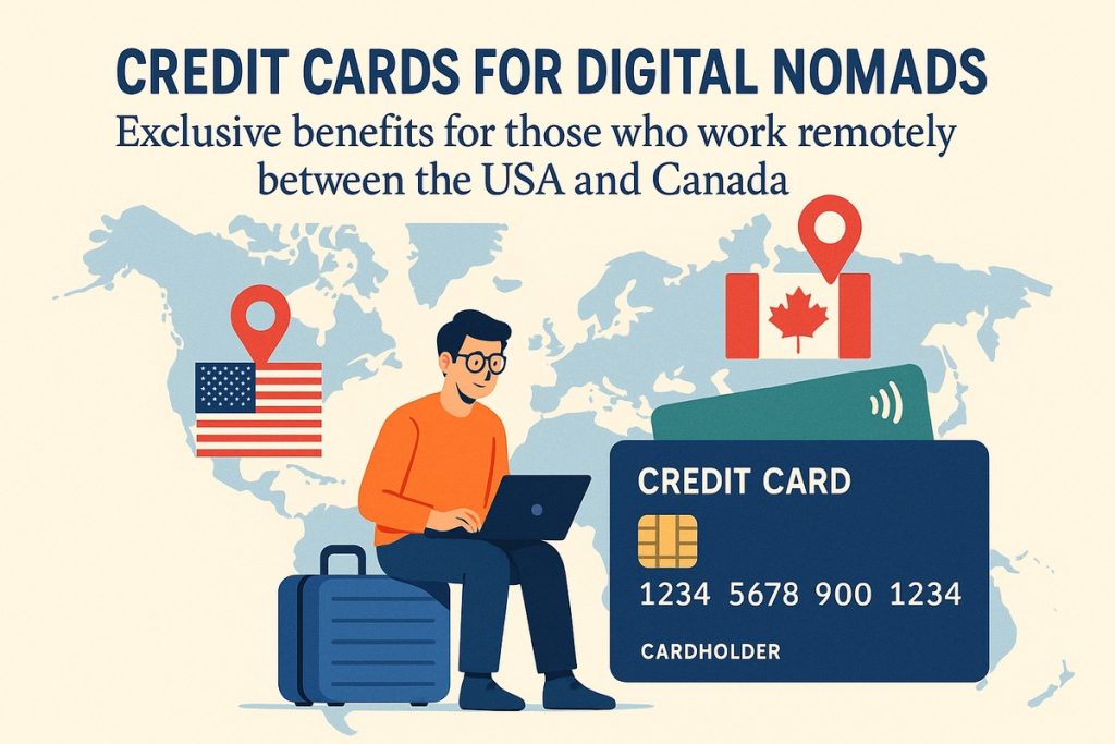 Illustration of a woman working on a laptop at a desk, surrounded by decorative leaves and floating credit cards. The flags of the USA and Canada appear on both sides. The headline reads “CREDIT CARDS FOR DIGITAL NOMADS: Exclusive benefits for those who work remotely between the USA and Canada.”