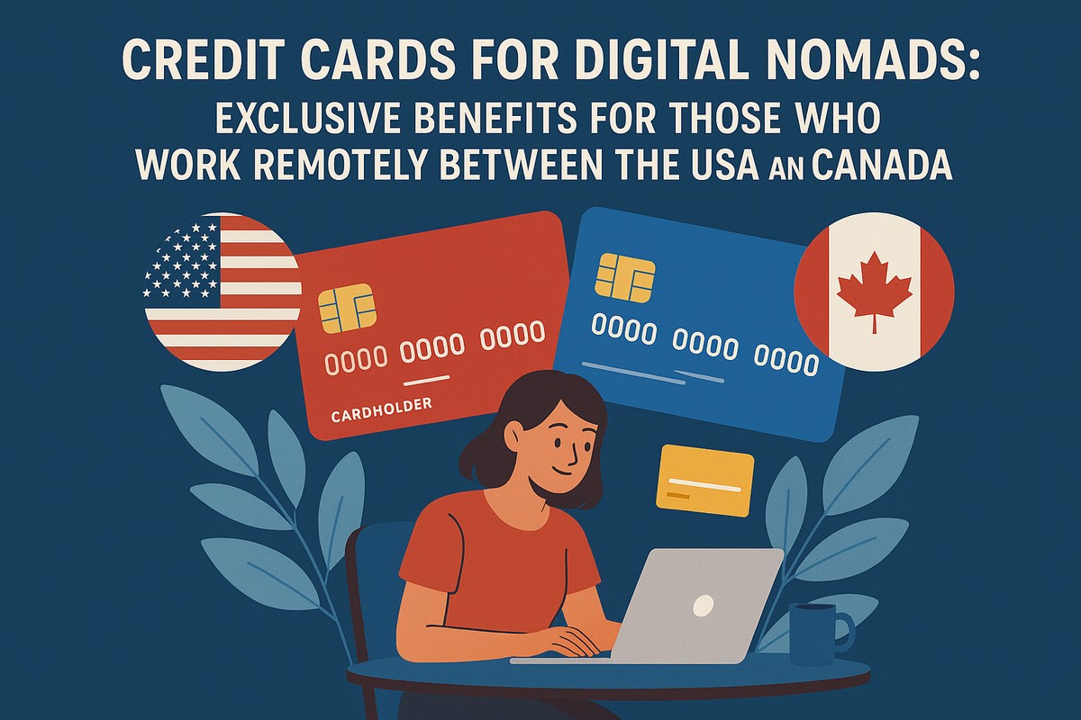 Illustration of a digital nomad sitting with a laptop on a suitcase in front of a world map. Location icons appear over the flags of the USA and Canada, and a large blue credit card is shown beside him with the text “CREDIT CARD.” The headline reads “CREDIT CARDS FOR DIGITAL NOMADS – Exclusive benefits for those who work remotely between the USA and Canada.”