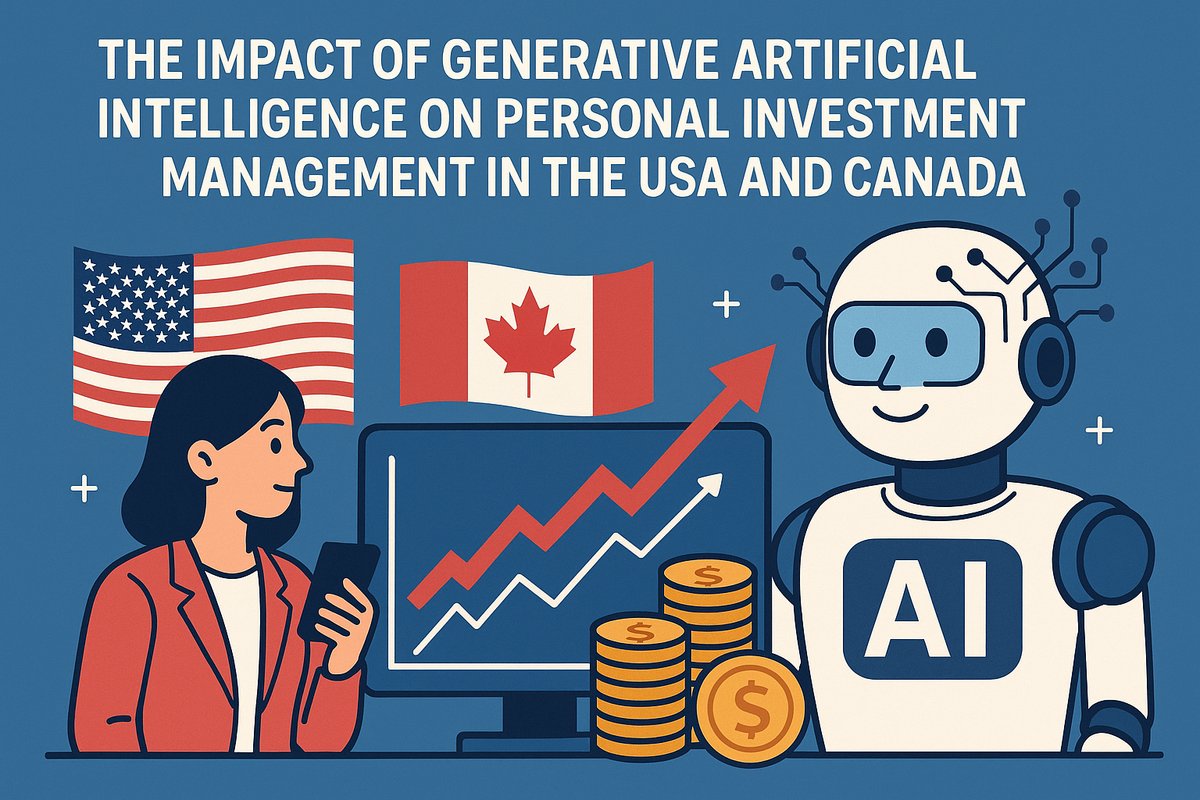 Illustration of a woman holding a smartphone and interacting with a friendly AI robot beside a computer displaying an upward-trending financial graph. The background features the flags of the USA and Canada and stacks of gold coins, representing how generative AI is influencing personal investment growth across North America.