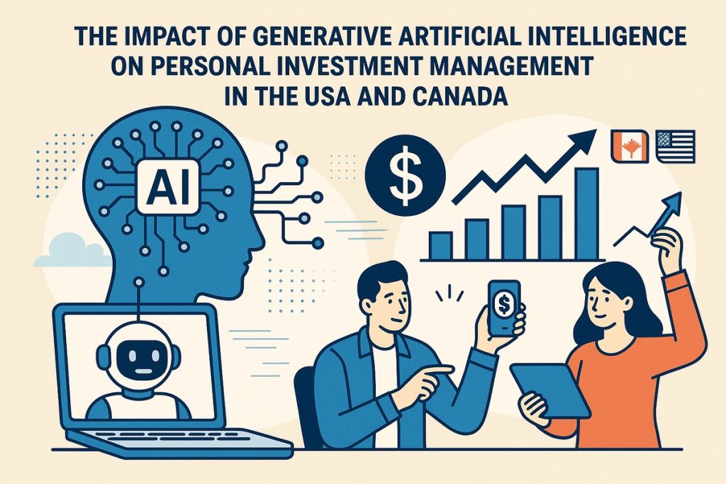 Illustration representing the impact of generative artificial intelligence on personal investment management in the USA and Canada. A large human head silhouette with AI circuitry is connected to a laptop showing a chatbot, while a man and a woman discuss financial data. Charts, currency symbols, and flags of the USA and Canada appear in the background, symbolizing cross-border financial growth powered by AI.