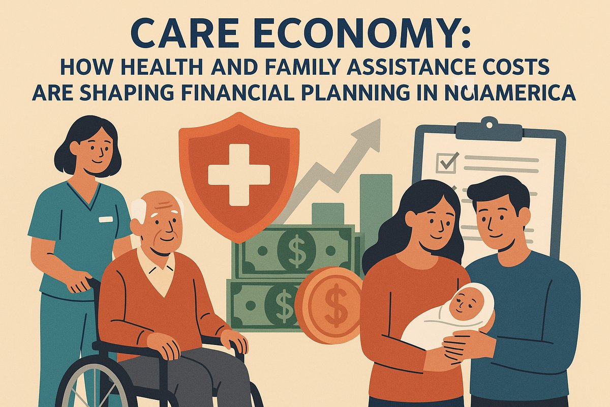 Illustration depicting the “Care Economy” theme. On the left, a nurse stands behind an elderly man in a wheelchair, while on the right, a couple holds a newborn baby. In the background, a large medical cross shield, dollar symbols, and an upward arrow represent the growing costs of health and family care influencing financial planning in North America.