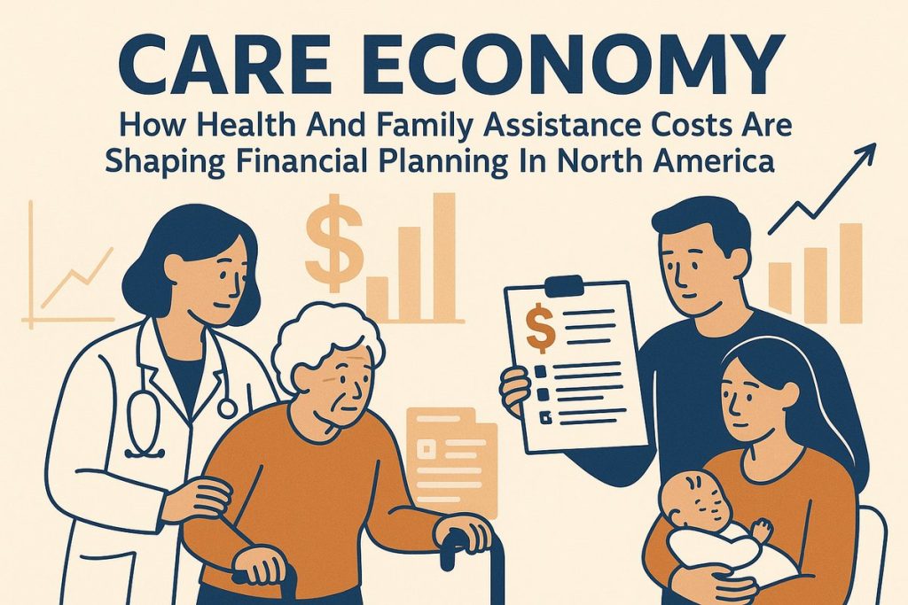 Illustration showing a doctor assisting an elderly woman with a cane, while a young couple with a baby reviews a financial document. Bar graphs, dollar signs, and an upward arrow symbolize rising healthcare and family assistance expenses shaping financial decisions in North America.