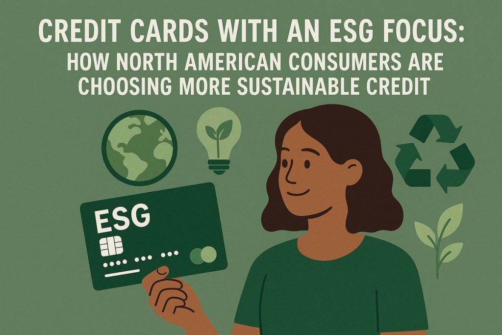 Illustration showing a woman holding a green ESG credit card, surrounded by eco-friendly icons such as a globe, a light bulb with a leaf inside, and a recycling symbol. The text at the top reads: “CREDIT CARDS WITH AN ESG FOCUS: How North American consumers are choosing more sustainable credit.” The image represents environmentally conscious financial choices.