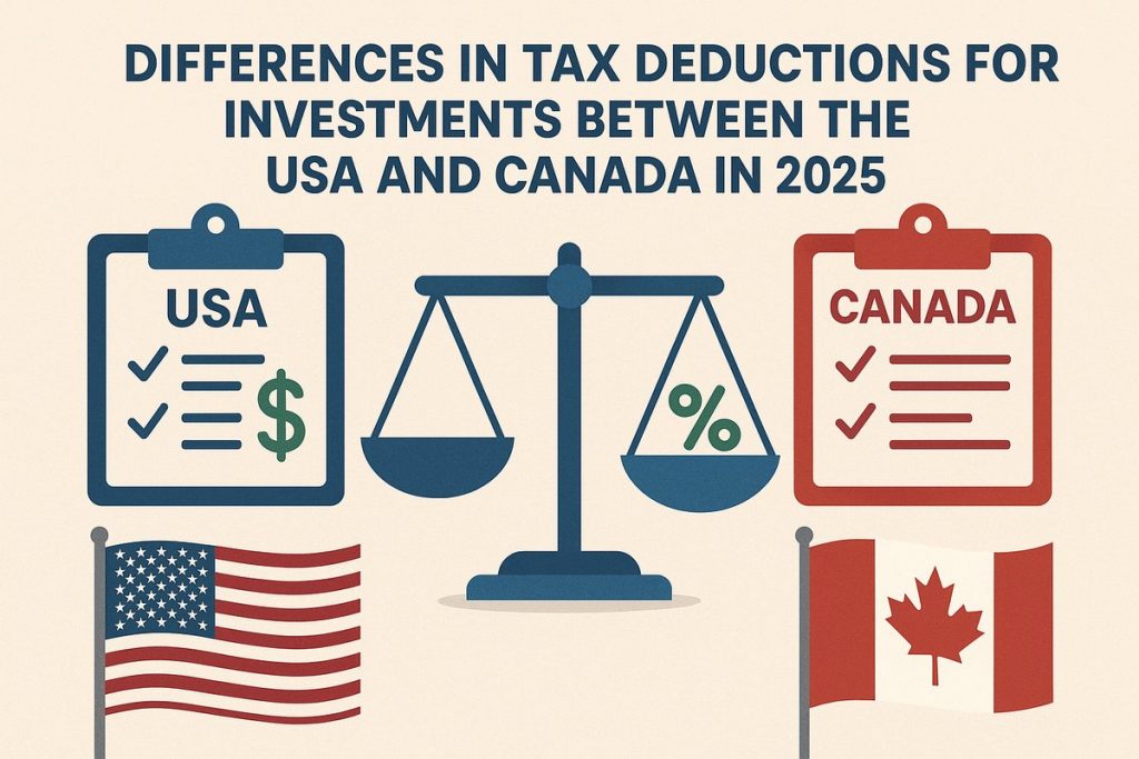 Illustration comparing investment tax deductions between the USA and Canada in 2025. The design features balanced scales in the center, a checklist labeled “USA” with a dollar symbol on one side, and another labeled “Canada” with percentage signs on the other. The American and Canadian flags appear below, representing the two countries’ fiscal comparison.