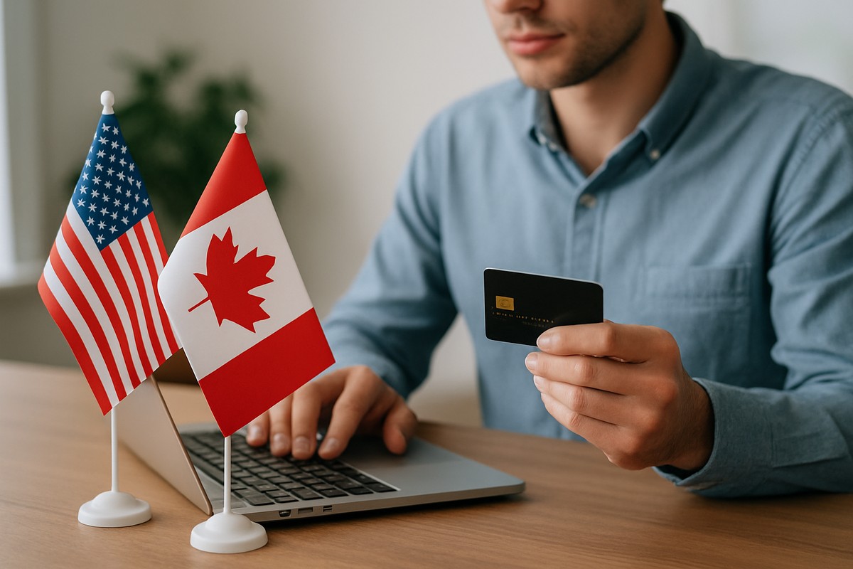 A man sits at a desk using a laptop while holding a credit card in his hand. Small U.S. and Canadian flags are placed beside the computer, suggesting an online transaction or activity involving both countries.